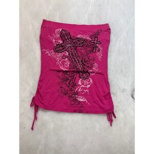 Vintage Granson 90s Hot Pink Rhinestone Cross Tube Top S M